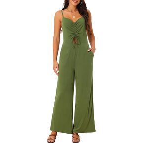 Women's V Neck Ruched Drawstring Front Sleeveless Spaghetti Straps Wide Leg Long Jumpsuits