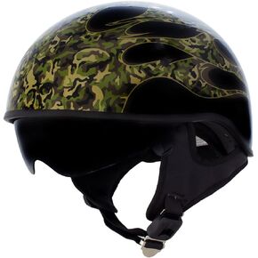 Hot Leathers HLD1047 Gloss Black 'Camo Skull Flames' Advanced DOT Skull Half Helmet with Drop Down Tinted Visor