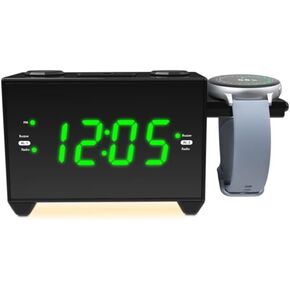 HANNLOMAX HX-132CR Alarm Clock Radio with Dual USB Ports (USB Type-A and USB Type-C) for Charging and Smartwatch Charging Holder (Black)