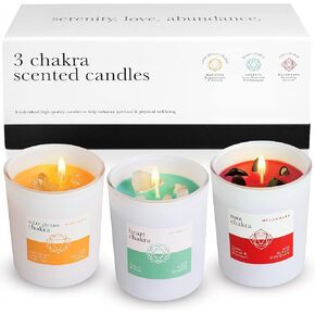Chakra Abundance Candle Box Set of 3 with Crystals Inside | for Aromatherapy, Meditation, Yoga, Reiki and Mindfulness | Gift Box Candles…