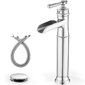 Tall Brass Waterfall Faucet Bathroom Vessel Sink Faucet, Black and Gold Bathroom Faucet Single Handle, Single Hole Faucet Bathroom Sink Faucets with Pop-up Drain & Water Hoses for Apartments