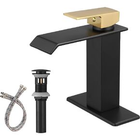 Homevacious Black and Gold Bathroom Faucet, Waterfall Single Handle, 1 Hole with Pop Up Drain Assembly and Deck Plate Vanity Sink Lavatory Solid Brass Mixer Tap Commercial