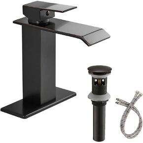 Homevacious Black and Gold Bathroom Faucet, Waterfall Single Handle, 1 Hole with Pop Up Drain Assembly and Deck Plate Vanity Sink Lavatory Solid Brass Mixer Tap Commercial