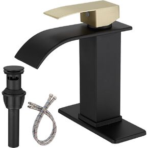 Brushed Gold Bathroom Sink Faucet Waterfall Single Hole Single Handle Lavatory Vanity Modern with Pop Up Drain with Overflow 1 or 3 Hole Deck Mounted Commercial Mixer Tap