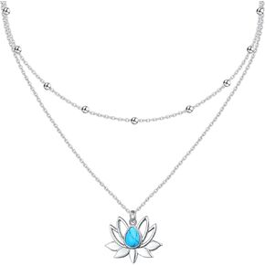 Turquoise Lotus Layered Necklaces for Women 925 Sterling Silver Lotus Flower Choker Adjustable Pendant Necklaces Birthday Jewelry Gifts for Women Teen Girls