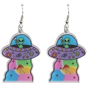 Alien Dangle Earrings Cartoon Cute Acrylic Colorful UFO Alien Spaceman Statement Drop Dangle Earrings for Women Men Novelty Jewelry