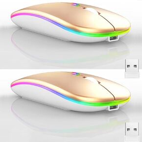 2 حزمة ماوس بلوتوث لاسلكي، ماوس كمبيوتر محمول نحيف صامت LED مزدوج الوضع قابل لإعادة الشحن، محمول (BT5.2 + مستقبل USB) فأرة كمبيوتر مزدوجة الوضع، لأجهزة الكمبيوتر المحمول، كمبيوتر سطح المكتب، الكمبيوتر اللوحي، الهاتف، التلفزيون (ذهبي)