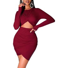 Lachmose Women Long Sleeve Bodycon Ruched Short Dress Side Drawstring Solid Crew Neck Casual Autumn Mini Dresses