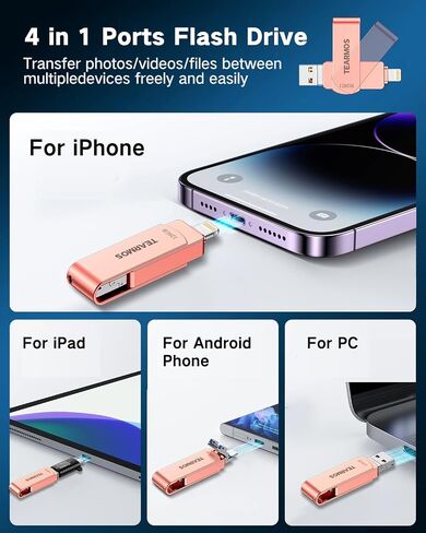 Flash Drives 128GB Intended for iPhone, Memory Stick Storage for Photos and Videos, iOS External Memory Storage Flash Drive Compatible with iPhone iPad Android and Computers (Rose Gold) in Saudi Arabia