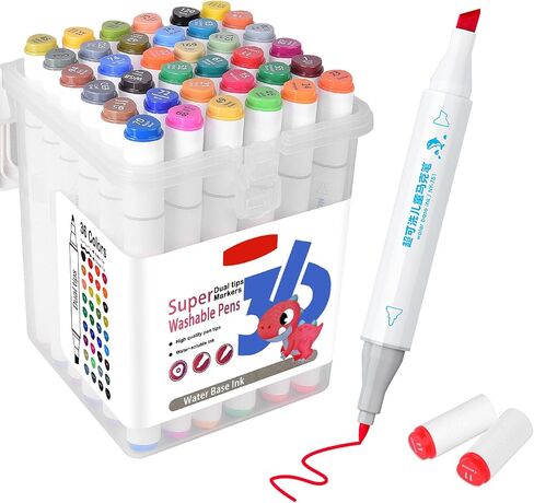 SAYEEC Washable Markers, 24 Colors Art Markers Set with Case, Fine Chisel Dual Tips Drawing Pens Water-Based Markers for Kids Artist Adults Coloring Books Sketching Journaling Illustration Manga Comic in Kuwait