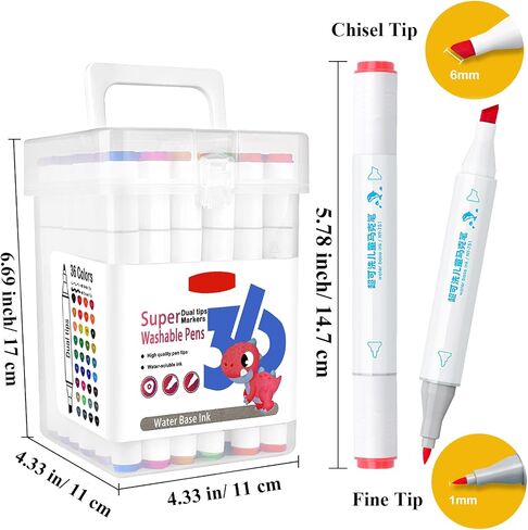 SAYEEC Washable Markers, 24 Colors Art Markers Set with Case, Fine Chisel Dual Tips Drawing Pens Water-Based Markers for Kids Artist Adults Coloring Books Sketching Journaling Illustration Manga Comic in Kuwait