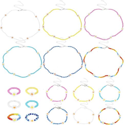 مجموعة مجوهرات الزهور XLSXEXCL18 قطعة، مجموعة خواتم وأساور وقلادة من الخرز الملون المصنوع يدويًا من بوهو، هدية إكسسوارات المهرجانات للنساء المراهقات والبنات in Kuwait