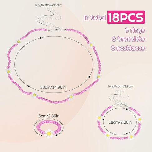 مجموعة مجوهرات الزهور XLSXEXCL18 قطعة، مجموعة خواتم وأساور وقلادة من الخرز الملون المصنوع يدويًا من بوهو، هدية إكسسوارات المهرجانات للنساء المراهقات والبنات in Kuwait