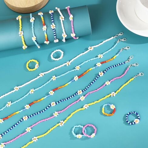 مجموعة مجوهرات الزهور XLSXEXCL18 قطعة، مجموعة خواتم وأساور وقلادة من الخرز الملون المصنوع يدويًا من بوهو، هدية إكسسوارات المهرجانات للنساء المراهقات والبنات in Kuwait