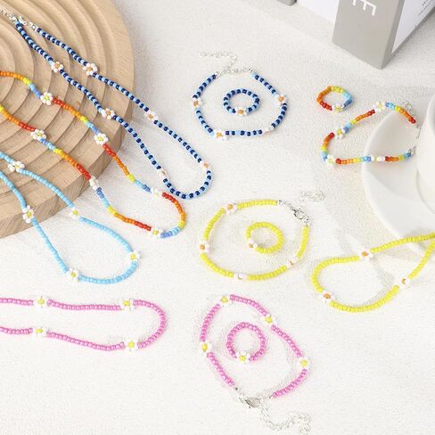 مجموعة مجوهرات الزهور XLSXEXCL18 قطعة، مجموعة خواتم وأساور وقلادة من الخرز الملون المصنوع يدويًا من بوهو، هدية إكسسوارات المهرجانات للنساء المراهقات والبنات in Kuwait