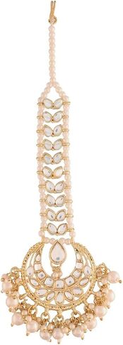 I Jewels 18k Gold Plated Indian Wedding Bollywood Kundan Pearl Chandbali Bridal Stylish Maang Tikka for Women (T2060) in Saudi Arabia