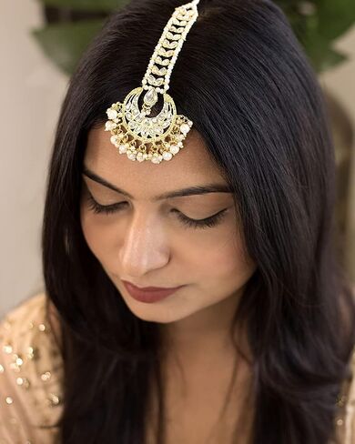 I Jewels 18k Gold Plated Indian Wedding Bollywood Kundan Pearl Chandbali Bridal Stylish Maang Tikka for Women (T2060) in Saudi Arabia