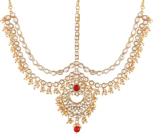 آي جيويلز زفاف هندي مطلي بالذهب بوليوود كوندان ولؤلؤ ماثا باتي/ماانج تيكا للنساء (T2014) in Kuwait