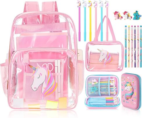 Eccliy 20 قطعة حقيبة ظهر شفافة وردية اللون ومجموعة قرطاسية يونيكورن لطيفة حقيبة ظهر مدرسية شفافة حقيبة غداء وحيد القرن مقلمة ثلاثية الأبعاد مع مقصورة أقلام رصاص ومبراة لهدايا الأطفال والفتيات في الملعب in Kuwait