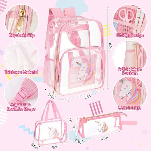 Eccliy 20 قطعة حقيبة ظهر شفافة وردية اللون ومجموعة قرطاسية يونيكورن لطيفة حقيبة ظهر مدرسية شفافة حقيبة غداء وحيد القرن مقلمة ثلاثية الأبعاد مع مقصورة أقلام رصاص ومبراة لهدايا الأطفال والفتيات في الملعب in Kuwait