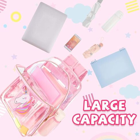 Eccliy 20 قطعة حقيبة ظهر شفافة وردية اللون ومجموعة قرطاسية يونيكورن لطيفة حقيبة ظهر مدرسية شفافة حقيبة غداء وحيد القرن مقلمة ثلاثية الأبعاد مع مقصورة أقلام رصاص ومبراة لهدايا الأطفال والفتيات في الملعب in Kuwait