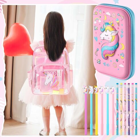 Eccliy 20 قطعة حقيبة ظهر شفافة وردية اللون ومجموعة قرطاسية يونيكورن لطيفة حقيبة ظهر مدرسية شفافة حقيبة غداء وحيد القرن مقلمة ثلاثية الأبعاد مع مقصورة أقلام رصاص ومبراة لهدايا الأطفال والفتيات في الملعب in Kuwait