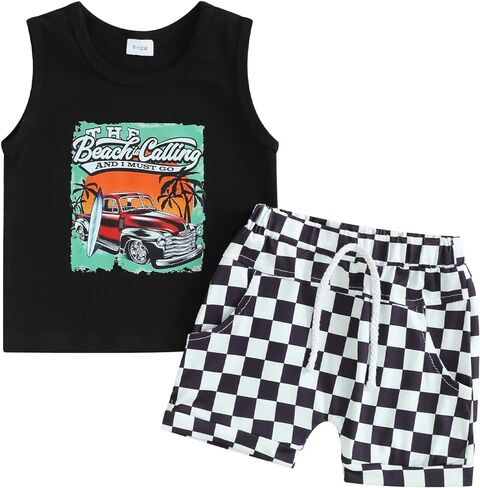 Toddler Baby Boy Clothes Sleeveless Tank Tops + Striped Print Jogger Shorts with Pockets 2Pcs Summer Outfits in Saudi Arabia
