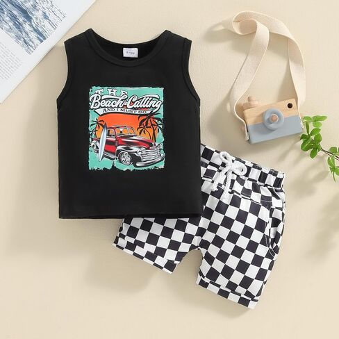 Toddler Baby Boy Clothes Sleeveless Tank Tops + Striped Print Jogger Shorts with Pockets 2Pcs Summer Outfits in Saudi Arabia