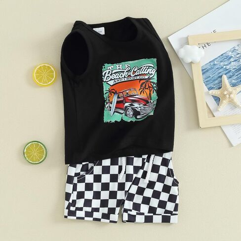 Toddler Baby Boy Clothes Sleeveless Tank Tops + Striped Print Jogger Shorts with Pockets 2Pcs Summer Outfits in Saudi Arabia