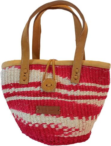 Bold Art Sisal Handwoven Beach Bag, Lightweight Market Basket with Leather Strap Handles and Button Closure, Large Straw Purse Suitable for Travel, Handmade Summer Tote Handbag for Women in Saudi Arabia