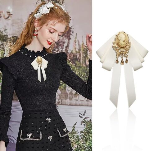 Retro Court style Crystal Ribbon Bow Tie Brooch Pins for Women Girls Victorian Cameo Bow Brooch Pre-Tied Bowknot Corsage Collar accessory in Saudi Arabia