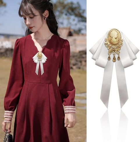 Retro Court style Crystal Ribbon Bow Tie Brooch Pins for Women Girls Victorian Cameo Bow Brooch Pre-Tied Bowknot Corsage Collar accessory in Saudi Arabia