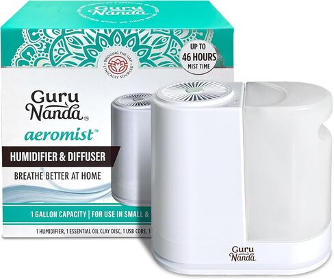 GuruNanda AeroMist - مرطب وموزع 2 في 1 بتقنية الموجات فوق الصوتية، رذاذ بارد لمدة 46 ساعة، تغطية 350 قدم مربع وإيقاف تلقائي - موزع روائح علاجية خالٍ من مادة BPA لليوجا وغرف المعيشة والمنتجعات الصحية in Kuwait