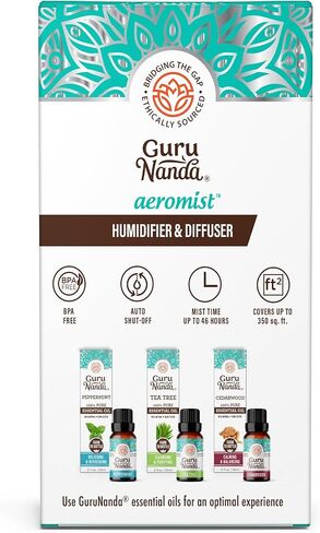 GuruNanda AeroMist - مرطب وموزع 2 في 1 بتقنية الموجات فوق الصوتية، رذاذ بارد لمدة 46 ساعة، تغطية 350 قدم مربع وإيقاف تلقائي - موزع روائح علاجية خالٍ من مادة BPA لليوجا وغرف المعيشة والمنتجعات الصحية in Kuwait