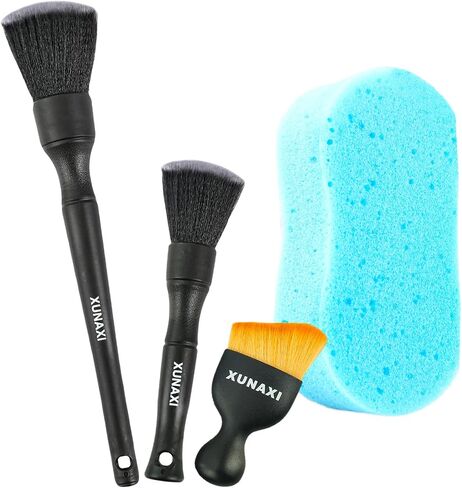 4pcs Car Detailing Brush Set Include 2 Ultra Soft Detailing Brushes, Car Duster Interior Brush, Car Wash Sponges for Scratch-Free Cleaning Interior Exterior, Wheels, Air Vent, Leather Seat in Saudi Arabia
