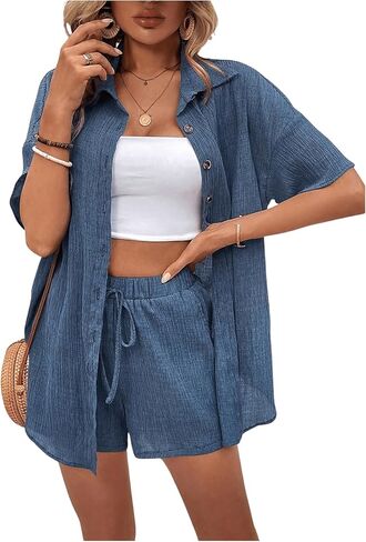 MakeMeChic Women's Summer 2 Piece Outfits Half Sleeve Button Down Shirt with Casual Drawstring Shorts Sets in Saudi Arabia