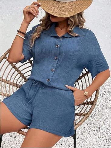 MakeMeChic Women's Summer 2 Piece Outfits Half Sleeve Button Down Shirt with Casual Drawstring Shorts Sets in Saudi Arabia