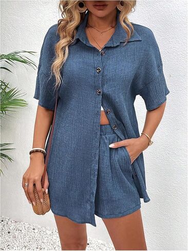 MakeMeChic Women's Summer 2 Piece Outfits Half Sleeve Button Down Shirt with Casual Drawstring Shorts Sets in Saudi Arabia
