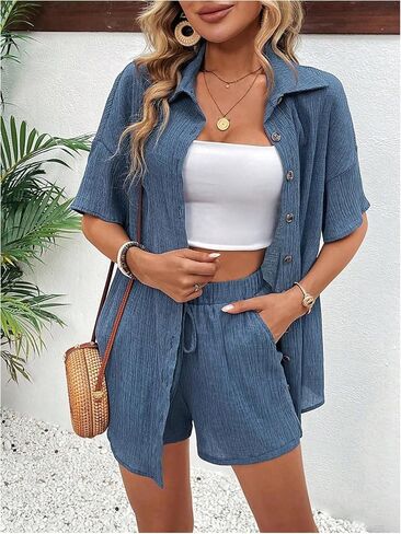 MakeMeChic Women's Summer 2 Piece Outfits Half Sleeve Button Down Shirt with Casual Drawstring Shorts Sets in Saudi Arabia