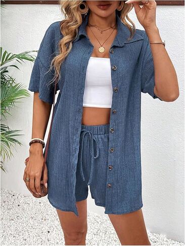 MakeMeChic Women's Summer 2 Piece Outfits Half Sleeve Button Down Shirt with Casual Drawstring Shorts Sets in Saudi Arabia