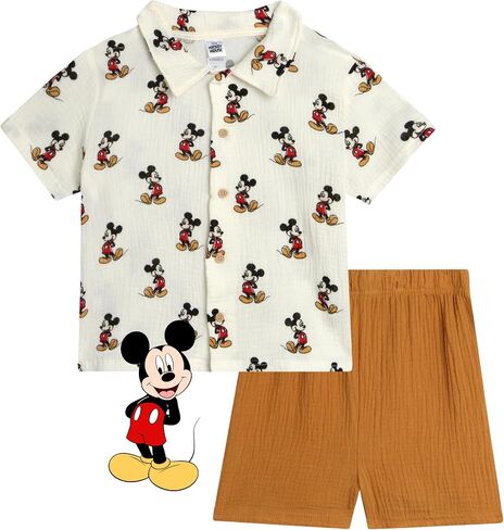مجموعة شورتات ديزني للأولاد الصغار - قميص وسروال قصير الأكمام بأزرار سفلية: Mickey Mouse، Lilo & Stitch، Lion King (2T-7) in Kuwait
