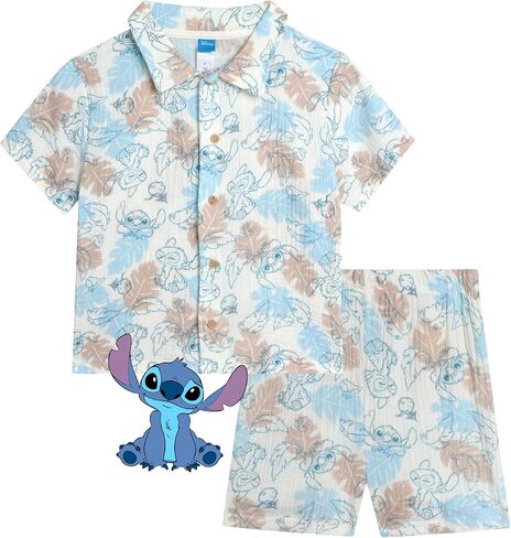 مجموعة شورتات ديزني للأولاد الصغار - قميص وسروال قصير الأكمام بأزرار سفلية: Mickey Mouse، Lilo & Stitch، Lion King (2T-7) in Kuwait