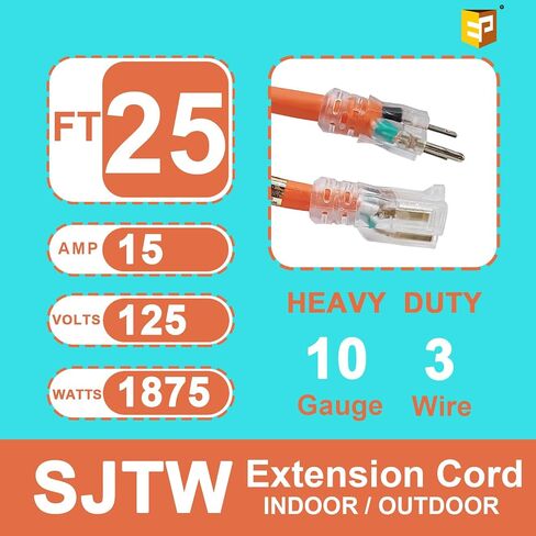 EP 3 Ft Lighted Outdoor Extension Cord - 10/3 SJTW Heavy Duty Black Extension Cable with 3 Prong Grounded Plug for Safety, UL Listed in Saudi Arabia