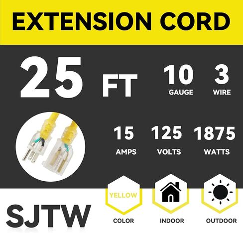 EP 3 Ft Lighted Outdoor Extension Cord - 10/3 SJTW Heavy Duty Black Extension Cable with 3 Prong Grounded Plug for Safety, UL Listed in Saudi Arabia