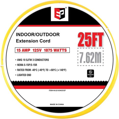 EP 3 Ft Lighted Outdoor Extension Cord - 10/3 SJTW Heavy Duty Black Extension Cable with 3 Prong Grounded Plug for Safety, UL Listed in Saudi Arabia