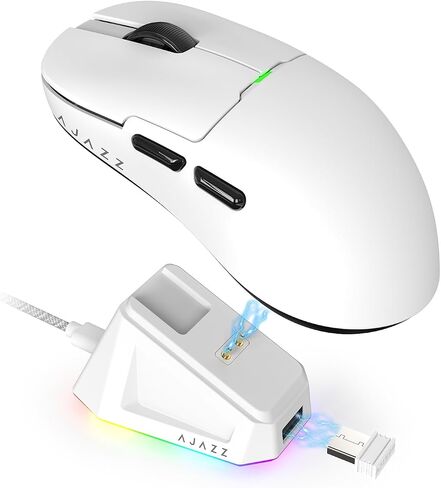 Ajazz AJ159 وضع مزدوج 2.4G/USB-C 56g ماوس ألعاب/مكتب خفيف الوزن مع مستشعر PAW3395، 5 أزرار قابلة للبرمجة تصل إلى 26KDPI مع قاعدة شحن مغناطيسية للكمبيوتر الشخصي/الكمبيوتر المحمول/Win/Mac (أبيض) in Kuwait