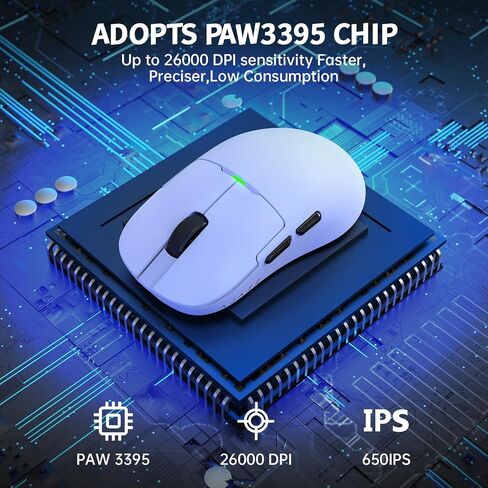 Ajazz AJ159 وضع مزدوج 2.4G/USB-C 56g ماوس ألعاب/مكتب خفيف الوزن مع مستشعر PAW3395، 5 أزرار قابلة للبرمجة تصل إلى 26KDPI مع قاعدة شحن مغناطيسية للكمبيوتر الشخصي/الكمبيوتر المحمول/Win/Mac (أبيض) in Kuwait