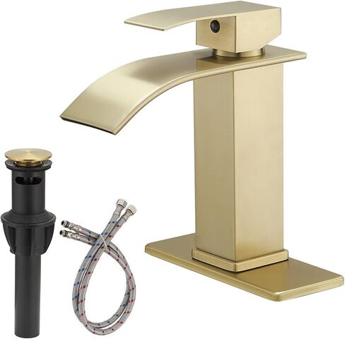 Brushed Gold Bathroom Sink Faucet Waterfall Single Hole Single Handle Lavatory Vanity Modern with Pop Up Drain with Overflow 1 or 3 Hole Deck Mounted Commercial Mixer Tap in Saudi Arabia