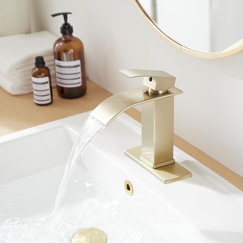 Brushed Gold Bathroom Sink Faucet Waterfall Single Hole Single Handle Lavatory Vanity Modern with Pop Up Drain with Overflow 1 or 3 Hole Deck Mounted Commercial Mixer Tap in Saudi Arabia