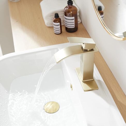 Brushed Gold Bathroom Sink Faucet Waterfall Single Hole Single Handle Lavatory Vanity Modern with Pop Up Drain with Overflow 1 or 3 Hole Deck Mounted Commercial Mixer Tap in Saudi Arabia